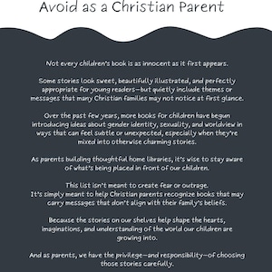 Pode incluir: Gráfico branco com o título "Sneaky Books and Authors to Avoid as a Christian Parent". O texto discute livros infantis e temas que podem não estar alinhados com as crenças cristãs, enfatizando a consciência dos pais.