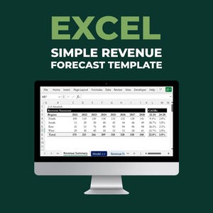 May include: A screenshot of a spreadsheet program showing a simple revenue forecast template. The spreadsheet shows revenue by region for the years 2021 through 2028, with a total revenue of $348 million in 2028. The spreadsheet also shows the compound annual growth rate (CAGR) for the period 2021-2024 and 2024-2028.