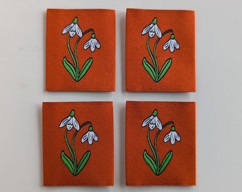 Schneeglöckchen | Gewebte Etiketten | 4er Pack | Kleidungsstück Etiketten für handgemachte Kleidung | Nähen Geschenk | Geburtsmonat Blume | Nähen | Kleidung Anhänger