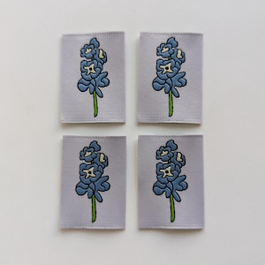 Delphiniums | Woven Luxe Labels | 4 pack | Garment Labels For Handmade Clothes | Sewing Gift | July Birth Month Flower | Sewist | Memade Tag