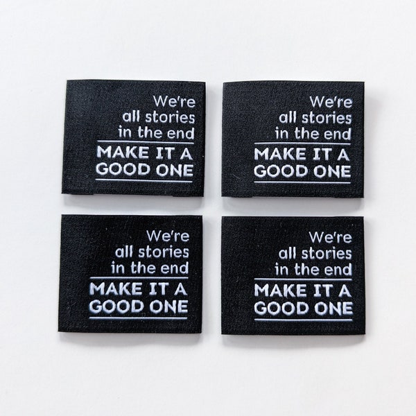 We're All Stories | Woven Luxe Labels | 4 pack | Garment Labels For Handmade Clothes | Sewing Gift | Doctor Who | TARDIS | Whovian | Geek