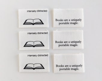 Books are a Uniquely Portable Magic | Cotton Luxe Labels | 6 pack | Woven Garment Labels For Handmade Clothes | Sewing Gift