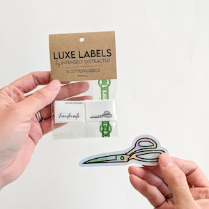 Handmade. Scissors. Cotton Labels + Sticker | Cotton Luxe Labels | 6 pack | Woven Garment Labels For Handmade Clothes | Sewing Gift | Sewist
