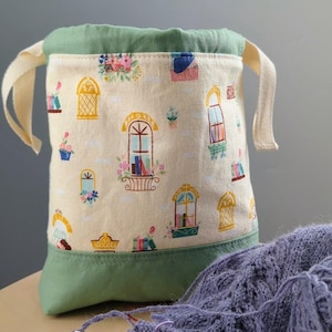 Handmade Project Bag | Bookish Beauty Mint | Drawstring Knitting Bag | Knitter Craft Gift | Crochet Bag | Sock Knitting