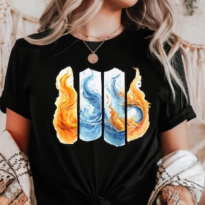 Camiseta unisex de algodón grueso con gráfico de llamas coloridas, camiseta con gráfico de fuego y agua elemental, ropa informal de verano, camiseta artística, regalo para amantes del fuego.