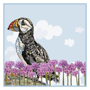 Carte de voeux macareux et roses de mer
