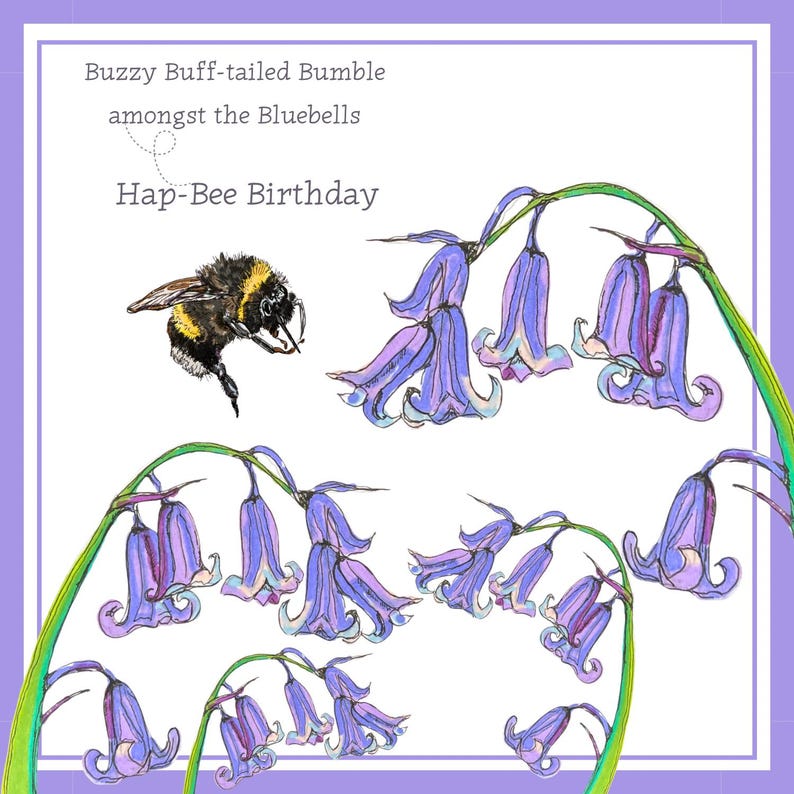 以下が含まれることがあります： 青いベルフラワーとミツバチの水彩イラストが描かれたグリーティングカード。「Buzzy Buff-tailed Bumble amongst the Bluebells」と「Hap-Bee Birthday」のテキスト。カードは白い背景にライラックのボーダーがあります。