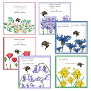 以下が含まれることがあります： ミツバチと花のイラストが描かれた、正方形のグリーティングカード6枚セットです。各カードには「Hap-Bee Birthday」の文字と花の名前が書かれています。花の種類は、ドッグローズ、ラベンダー、ヤグルマギク、ポピー、ブルーベル、スイセンです。