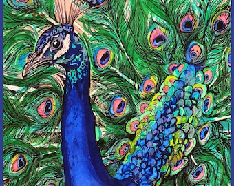 孔雀のグリーティングカード、ペンとインクの絵