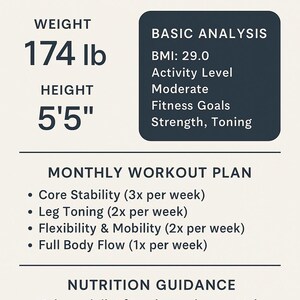 Może przedstawiać: Spersonalizowany plan Pilates dla osoby ważącej 174 funty i mierzącej 1,65 metra. Plan obejmuje miesięczny plan treningowy z ćwiczeniami stabilizującymi rdzeń, wzmacniającymi nogi, rozciągającymi i poprawiającymi mobilność oraz ćwiczeniami całego ciała. Zawiera również sekcję z poradami żywieniowymi, które zalecają zbilansowaną dietę skupiającą się na chudym białku, pełnoziarnistych produktach, owocach i warzywach.