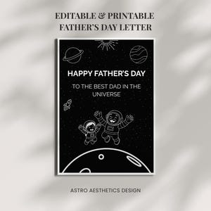 Plantilla de tarjeta del Día del Padre con temática espacial (negra) / Tarjeta del Día del Padre / Carta del Día del Padre / Editable e imprimible