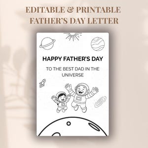 Plantilla de tarjeta del Día del Padre con temática espacial (blanca) / Tarjeta del Día del Padre / Carta del Día del Padre / Editable e imprimible