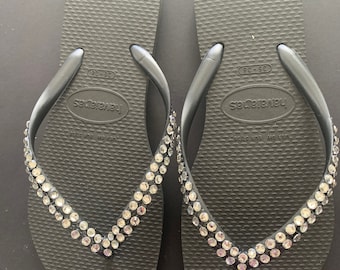 Custom Crystal Clear Rhinestone Havaiana Flip Flops Thongs, 2 Rows, Slim Strap, Sparkle Sandal Footwear, Boho Bride Slippers, Summer Shoe