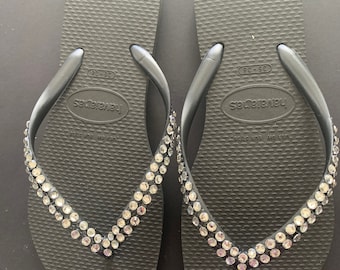 Custom Crystal Rhinestone Havaiana Flip Flops Thongs, Slim Strap, Rhinestone Sparkle Sandal Footwear, Boho Bride Slippers, Summer Beach Shoe