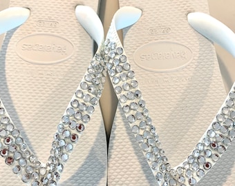 Custom Crystal Rhinestone Havaiana Flip Flops Thongs, Slim Strap, Rhinestone Sparkle Sandal Footwear, Boho Bride Slippers, Summer Beach Shoe