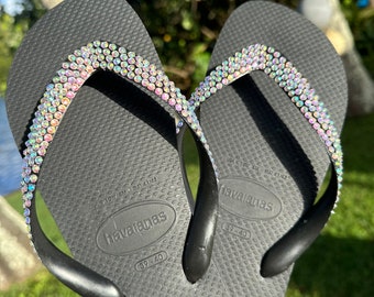 Custom Crystal Flip Flops Thong Havaianas, 4 Rows AB Rhinestone Sparkle Footwear Sandal, Bride Wedding Special Shoe Bejewelled Slippers