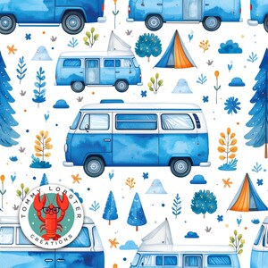 May include: A repeating watercolour pattern of blue camper vans, tents, trees, and foliage on a white background. The design includes a logo with a red lobster wearing glasses. A whimsical, outdoorsy theme.