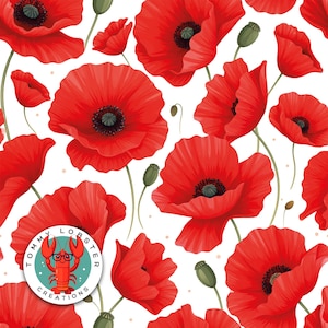 May include: A seamless pattern featuring vibrant red poppy flowers with dark centers and green stems and buds against a white background. The design includes a circular logo with a lobster wearing glasses. The flowers are in various stages of bloom.