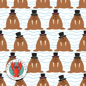 May include: A repeating pattern featuring cartoon walruses in black top hats, set against a backdrop of blue wavy lines and white dots. A circular logo with a lobster wearing glasses is in the lower left corner.