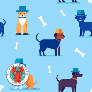 May include: A seamless pattern featuring cartoon dogs wearing hats on a light blue background. The dogs are wearing blue, orange, and purple hats. There are white bone shapes scattered throughout the pattern. The pattern also includes a circular logo with the text "Tommy Lobster Creations" and a cartoon lobster wearing glasses.