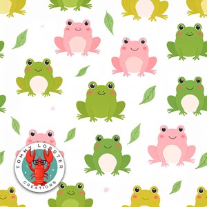 Può includere: Uno schema senza cuciture con rane verdi, rosa e gialle con pancia bianca. Le rane sono sedute su uno sfondo bianco con foglie verdi. Lo schema è perfetto per tessuti, carta da parati o carta da regalo.