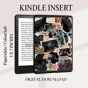 May include: A Kindle Paperwhite insert with a collage design. The insert is 12.7 x 17.8 cm and features a black and white collage with text that reads "Draco" and "Hermione". The words "Kindle Insert" and "Digital Download" are also visible.