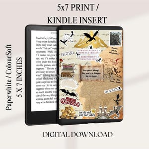 May include: A black e-reader featuring a decorative insert with a vintage map background, various dragon illustrations, stacks of books, gold coins, a castle, and text quotes including 'Are you a sheep? No, you're a dragon' and 'Dracarys'.