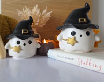 Handmade Ghost Candle with Witch Hat – Halloween Fall Decor