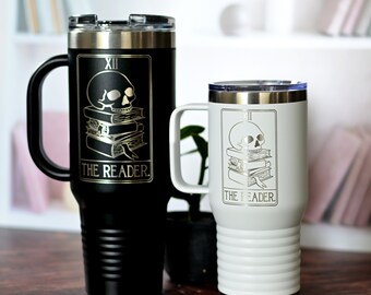 The Reader Tarot Card Tumbler With Handle - 20 oz and 40 oz in black and white