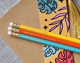 Three Pencils and Bookmark Set for Readers - Late Night Reader, Take Me To A Bookstore, Plots & Plants foil stamped pencils