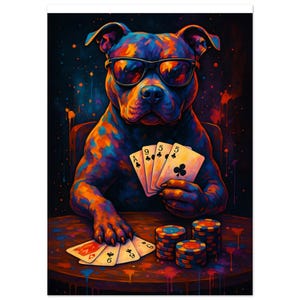 Art mural de poker Staffordshire Bull Terrier - Impression de cartes à jouer drôle de chien - Déco homme des cavernes - Cadeau pour amoureux du personnel - Impression physique