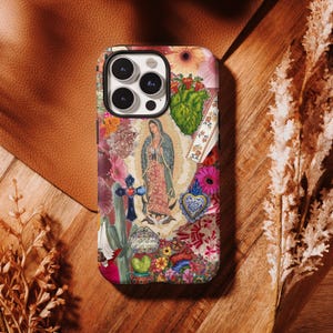 Virgen de Guadalupe Mexican Folk Art Phone Case –Amor Eterno Floral Cactus Collage, Sacred Heart iPhone Samsung case,Colorful Religious Gift