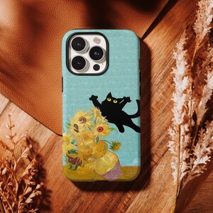 Van Gogh-telefoonhoesje - kattenmeme grappig schilderij parodie kunstwerk geschikt voor iPhone 16 Pro Max 15 14 13 12 11 Plus, Samsung S24 Ultra S23 S22 S21