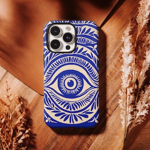 Evil Eye Phone Case Mystic Blue Eye Hamsa Cover for iPhone 16, 15, 14, 13, 12, 11 Samsung S25,  TOUGH Case / Boho Studio /Aesthetic MagSafe