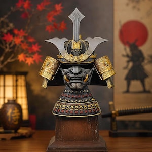 Hand Painted Samurai Oni Kabuto Helmet Bust – 128mm Japanese Warrior Decor | Oni Mask Helmet Statue | Collectible Gift