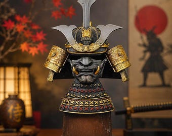 Hand Painted Samurai Oni Kabuto Helmet Bust – 128mm Japanese Warrior Decor | Oni Mask Helmet Statue | Collectible Gift