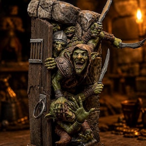 Op de afbeelding: Een gedetailleerd miniatuurbeeldje met meerdere groenhuidige goblinfiguren die uit een houten deurkozijn in een stenen muur tevoorschijn komen. De goblins hebben scherpe tanden, puntige oren en houden verschillende metalen dolken vast.