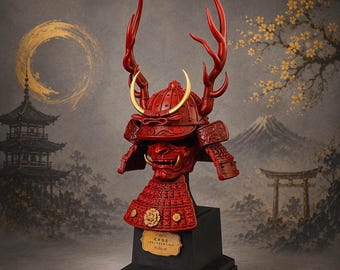 May include: A red samurai helmet bust featuring a fierce facial mask, large red antlers, and a gold crescent moon crest. The helmet rests on a black rectangular base with a gold plaque containing Japanese text, displaying intricate armor plating.