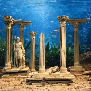 Aquarium Roman Ruins Decor Set – Greek Columns Fish Tank Ornament | Temple Pillars Aquascape | Poseidon Statue Option | 40x30cm Tank Fit