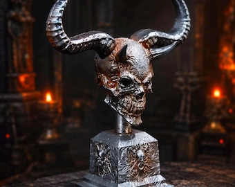Dark Fantasy Demon Skull Statue with Horns | Gothic Resin Sculpture