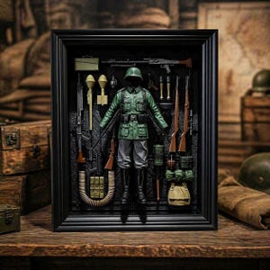 Puede incluir: Una exhibición enmarcada que presenta un uniforme militar en miniatura y varias armas. El uniforme verde tiene pantalones grises y botas negras. La exhibición incluye rifles, granadas y otros equipos militares, todo sobre un fondo oscuro.