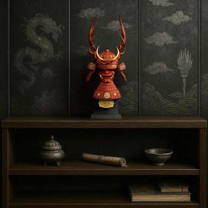 Samurai Armor Bust: Red Antler Kabuto - Daimyo Warrior Sculpture
