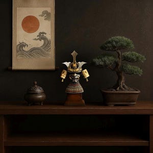 Réplica de casco samurái kabuto: busto de armadura japonesa de resina con máscara de oni