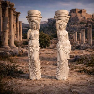 May include: Two off-white statues of women, each supporting a large, ornate capital on their head. The statues are in classical attire, set in a stone courtyard with ancient ruins behind them. The statues are approximately 1.8 meters tall.