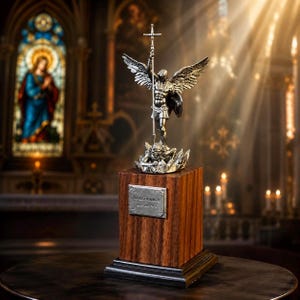 May include: A silver statue of an angel with outstretched wings, holding a cross and shield, atop a wooden base. The statue is set against a blurred background of a church interior with stained glass and candles. A plaque is on the wooden base.