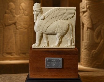 Assyrian Lamassu Relief Sculpture – Ancient Mesopotamian Guardian Statue on Wooden Plinth | Historical Desk Decor