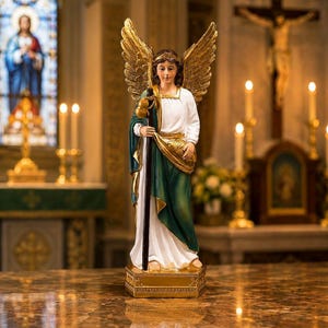 May include: A detailed statue of an angel with gold wings, holding a staff. The angel is dressed in a white and green robe, standing on a gold base. The background features a stained-glass window and candles, suggesting a religious setting.