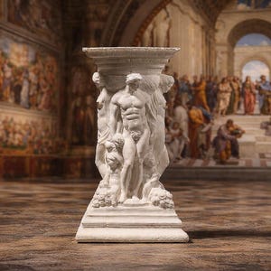 Puede incluir: Escultura de mármol blanco de un pedestal con figuras clásicas. El pedestal presenta un relieve detallado de figuras masculinas desnudas y niños, con una base cuadrada y una parte superior plana.
