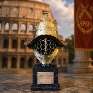 May include: A gold-colored gladiator helmet replica with a circular face guard, displayed on a black pedestal. The helmet has detailed engravings and is set against a backdrop of the Colosseum and a red banner with gold lettering.