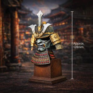 Samurai Kabuto Helmet Replica: Resin Japanese Armor Bust with Oni Mask